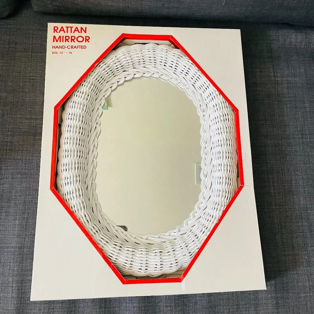Rattan Hand Crafted Oval White Mirror 12x16” Vintage NIB